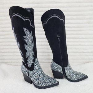 Anniston Black W/ Rhinestones Glamour Country Western Cowgirl Boots